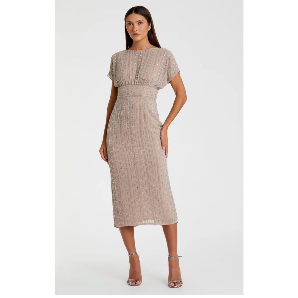 Mac Duggal #93649 Beaded Cap Sleeve Column Midi Dress Size 18 NWT Mocha $498